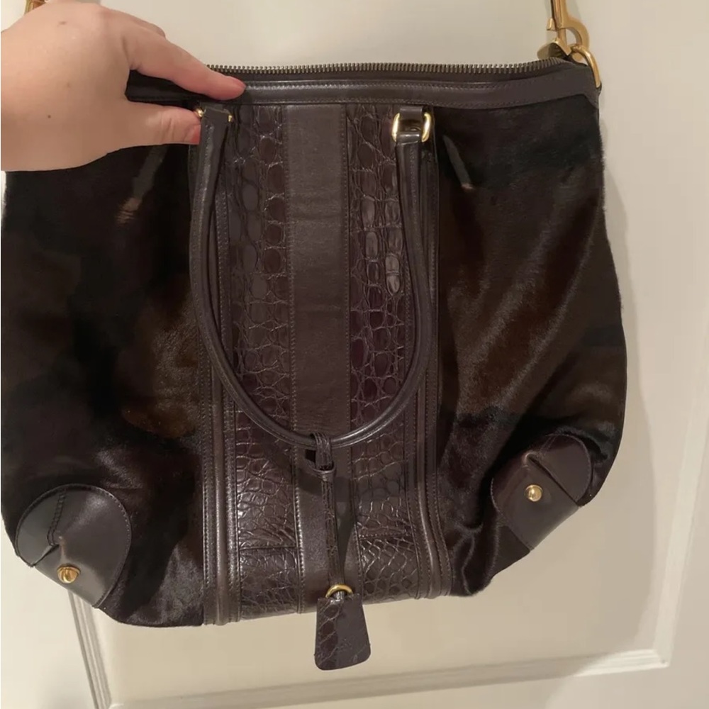 Gucci alligator crocodile brown tote with pony hair or crossbody purse Italy - Picture 2 of 12